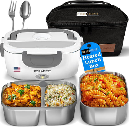 FORABEST Electric Lunch Box Food Heater 80W 1.5L Stainless Steel Heated Lunch Box for Men & Women, Universal 12/24/110/220V Self Heating Lunch Box for Car, Truck & Work, Portable Food Warmer lunch box