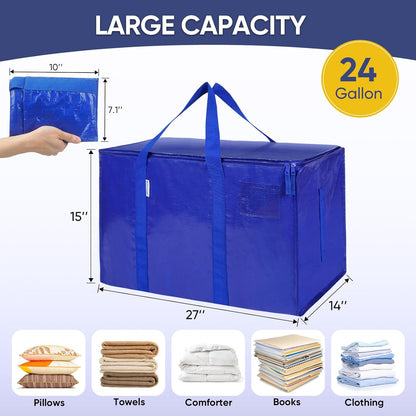 TICONN 6 Pack Extra Large Moving Bags Heavy Duty with Zippers & Carrying Handles, Durable Storage Bags Moving Boxes for Closet Organizers and Storage (6 Pack, Blue)