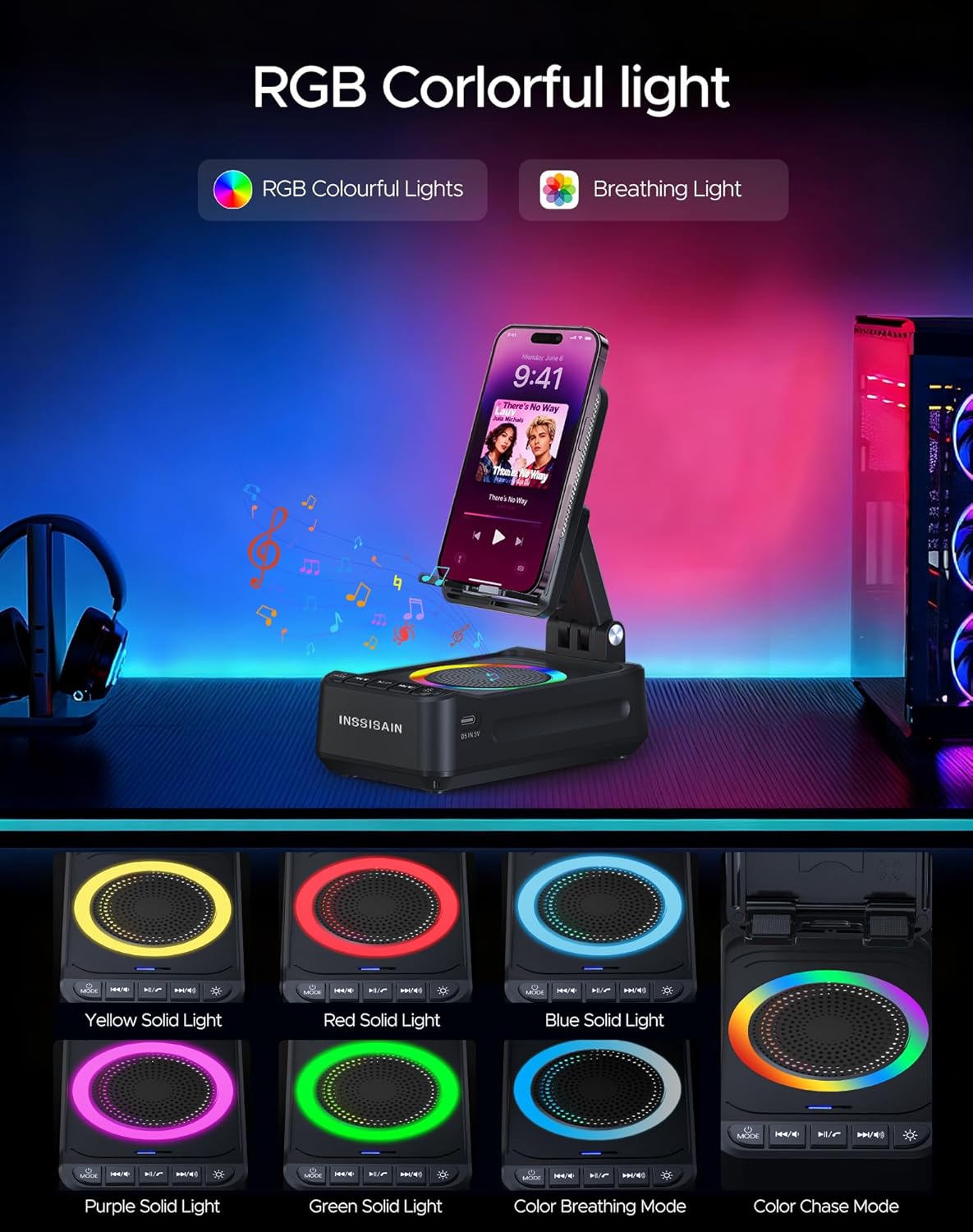 INSSISAIN Wireless Induction Bluetooth Speaker with Phone Stand – 5W Portable Stereo Speaker with RGB Lights, Bluetooth 5.3, Built-in Power Bank - PuriLite