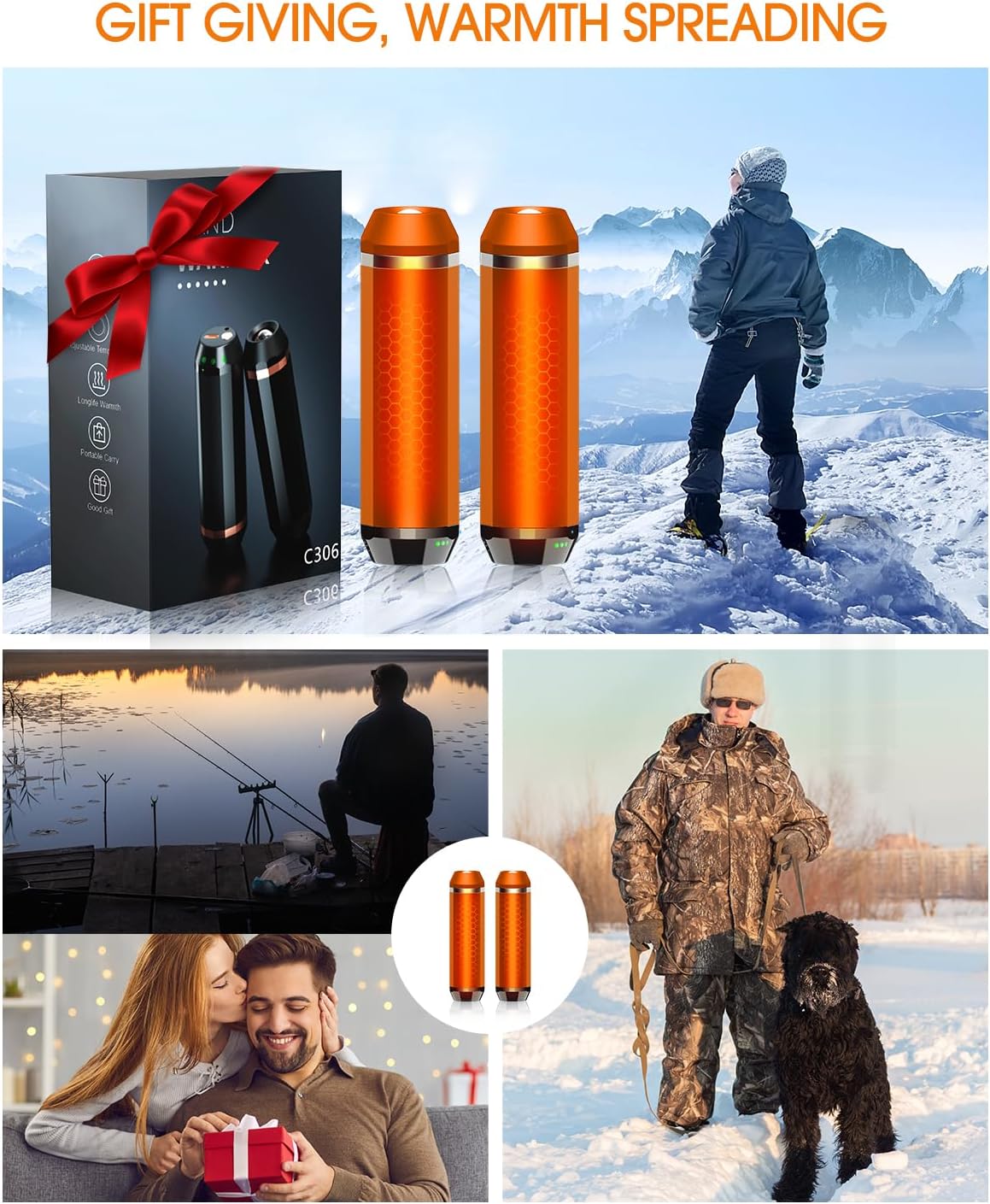 Veeool Rechargeable Hand Warmers 5000mAh (2 Pack) – Magnetic Electric Hand Warmer with Flashlight, 3 Heat Levels, Fast Heating Pocket Heater for Outdoor Camping, Hiking, Hunting, Golf, Football – Compact, Orange - PuriLite