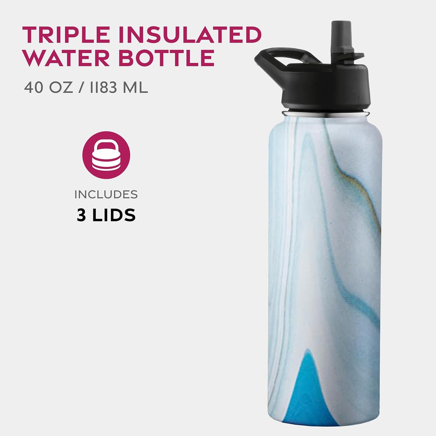 FineDine Water Bottle - Stainless Steel Insulated Water Bottle with Straw Lid, Flip Lid & Wide-Mouth Cap - Keeps Hot and Cold - 25 Oz / 739ml - Pure Pearly White