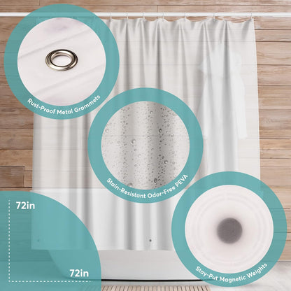 BigFoot Shower Curtain Liner - 72 x 72 Heavy Duty PEVA Shower Liner with Rustproof Metal Grommet and 3 Magnetic Weights - Non-Toxic, Odour Free and Compatible with Standard Showers, Clear