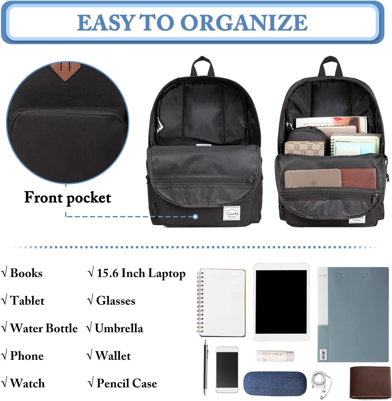 VASCHY Lightweight School Backpack for Women with Sleeve for 14" Laptop