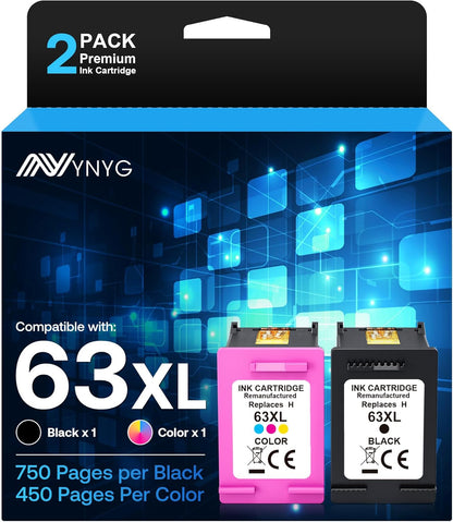 NYNYG 63XL Ink Cartridges Replacement for HP Ink 63 Remanufactured for Deskjet 3630 3632 Envy 4520 4522 Officejet 4650 5252 3830 3833 Printer(1 Black,1 Tri-Color)