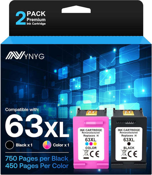NYNYG 63XL Ink Cartridges Replacement for HP Ink 63 Remanufactured for Deskjet 3630 3632 Envy 4520 4522 Officejet 4650 5252 3830 3833 Printer(1 Black,1 Tri-Color)