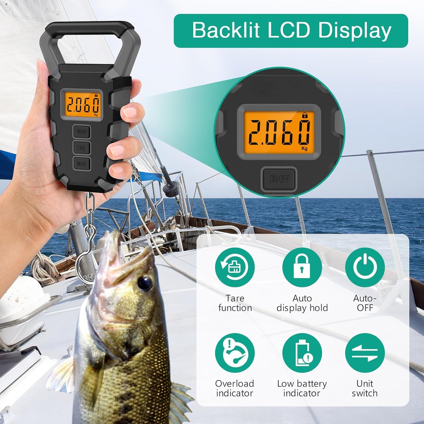 ORIA Fish Scale Digital, Fishing Scale, Fish Scale with Ruler, 50kg/110lb Electronic Digital Luggage Scale, Waterproof, Backlit LCD Display (Gray)
