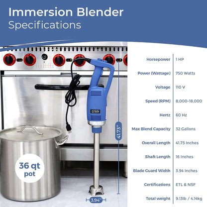 TK Commercial Immersion Blender, 750 Watt/1 HP Variable Speed Motor, 20,000 RPM X-Heavy Duty with Performance Assurance - 16"