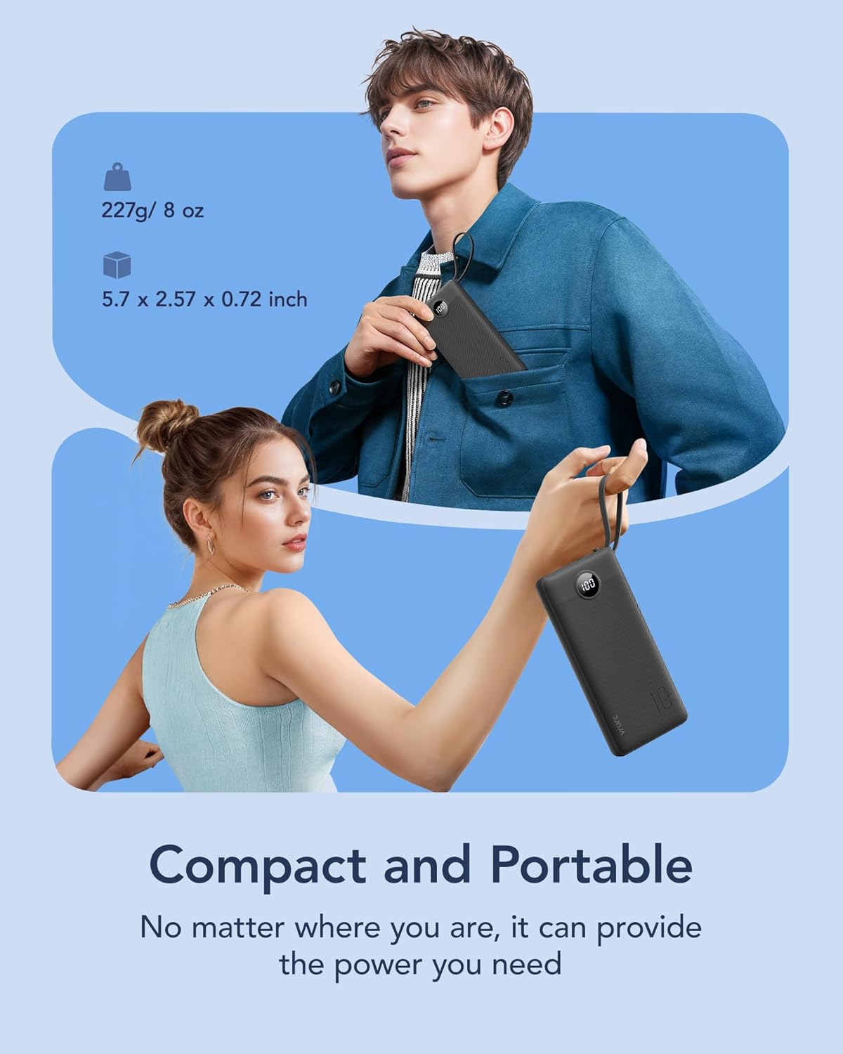 VRURC 10000mAh Power Bank Built-in Cables, Portable Charger with LED Display, Slim Intelligent Travel Battery Pack with Cords, 5 Output Dual Input Phone Charger for Cell Phone Smart Devcies-Blue