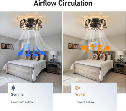 Garwarm Caged Low Profile Ceiling Fan with Lights and Remote, 20in Rustic Flush Mount Small Farmhouse Bladeless Ceiling Fan for Bedroom, Kitchen, Dining Room