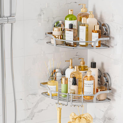 LEVERLOC Shower Caddy Suction Cup, 2 Pack Black Shower Shelf with Hooks and Soap Holder, NO-Drilling Bathroom Organizer, Rustproof Metal Bathroom Storage and Organization