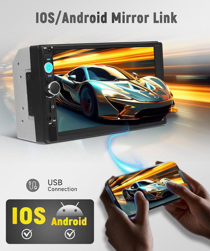 Rimoody 7 Inch Car Stereo Double Din Radio Touch Screen Bluetooth Handsfree Mirror Link USB SD EQ FM Multimedia Radio with Backup Camera Car Audio Receivers