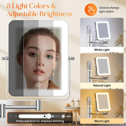 Gospire Height Adjustable Wall Mounted Lighted Makeup Mirror with Hooks, 3000mAh Rechargeable with 1X/10X Magnification, 3 Light Colors and Stepless Dimming for Bathroom