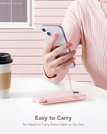Portable Charger for iPhone, 10000mAh Power Bank with Built-in Cables & AC Wall Plug, USB C Phone Charger 5 Output External Battery Pack Compatible with iPhone Samsung Google Pixel Android -White