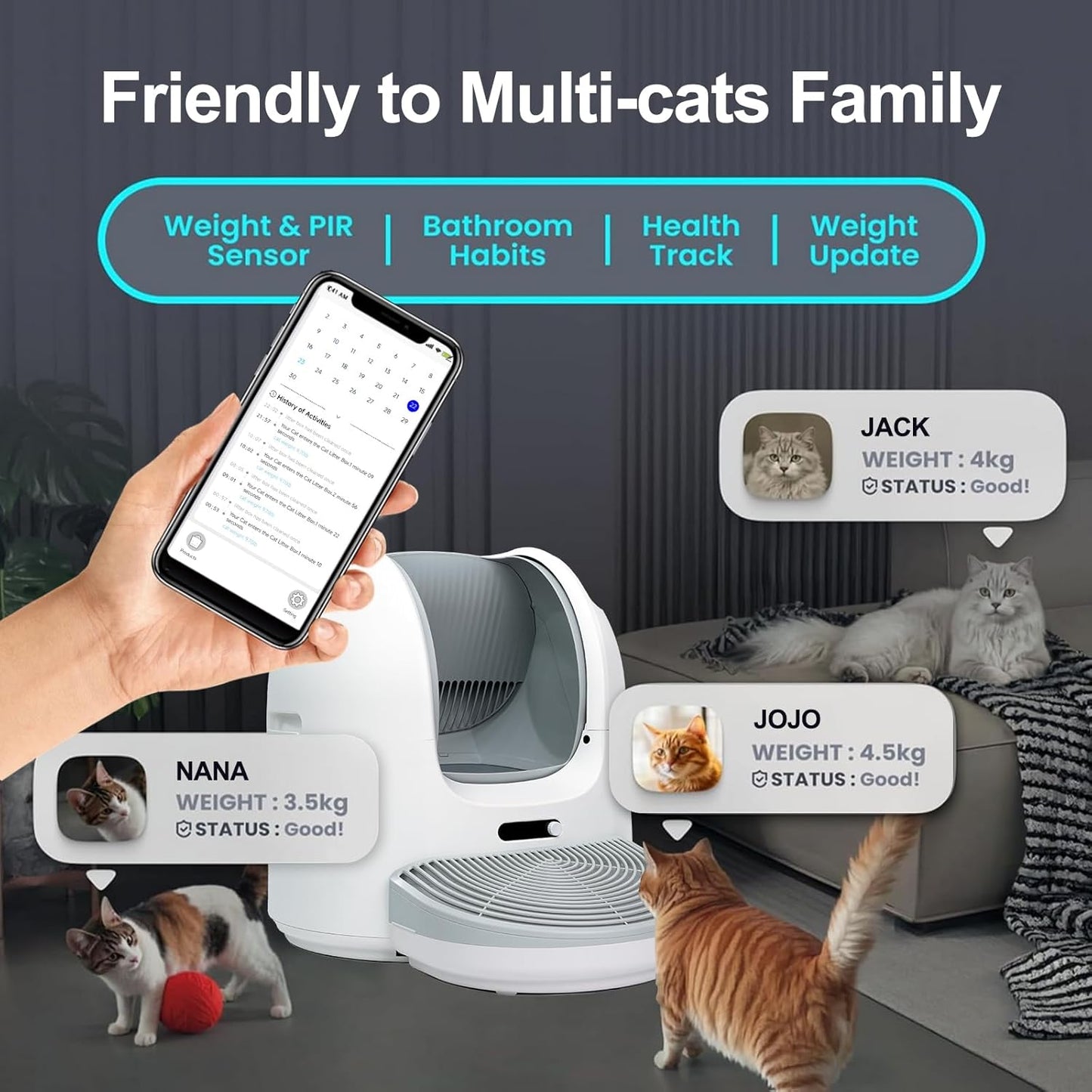 EzMeow by Hoomegic Self Cleaning Cat Litter Box, 61L Large Automatic Hands-Free Smart Litter Box for Multiple Cats, Safe Anti-Pinch, Garbage Bag, Odour Control, App Controlled with Health Monitoring
