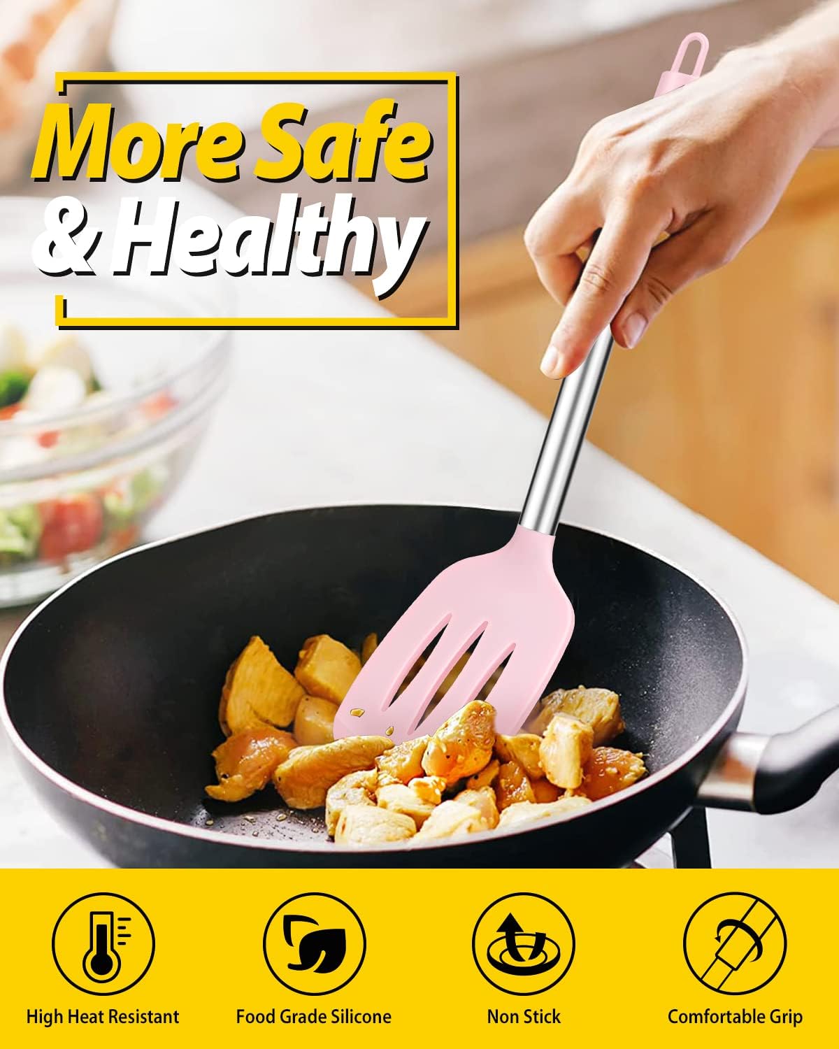 Pack of 2 Silicone Slotted Spatula,Non Stick Solid Kitchen Turner, High Heat Resistant BPA Free Cooking Utensils for Fish, Eggs, Pancakes（Black