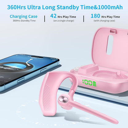 Wireless Headset Bluetooth Earpiece with Dual Noise Canceling Microphone Hands Free Headphones Single Ear Earphone Over Ear Earbud for iPhone Samsung Android Cellphones TV PC Trucker Game Work
