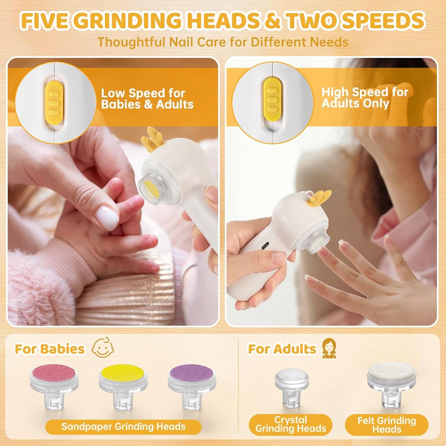Baby Electric Nail File with Clipper, 5-in-1 Baby Nail Trimmer with LED Light, Rechargeable Nail Clippers for Infant Toddler Kid Adult, Low Noise, Includes 5 File Pads, Yellow Deer