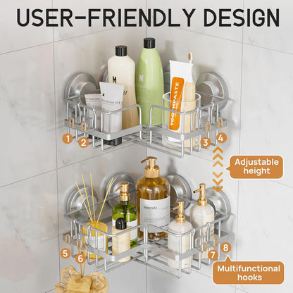 LEVERLOC Shower Caddy Suction Cup, 2 Pack Black Shower Shelf with Hooks and Soap Holder, NO-Drilling Bathroom Organizer, Rustproof Metal Bathroom Storage and Organization