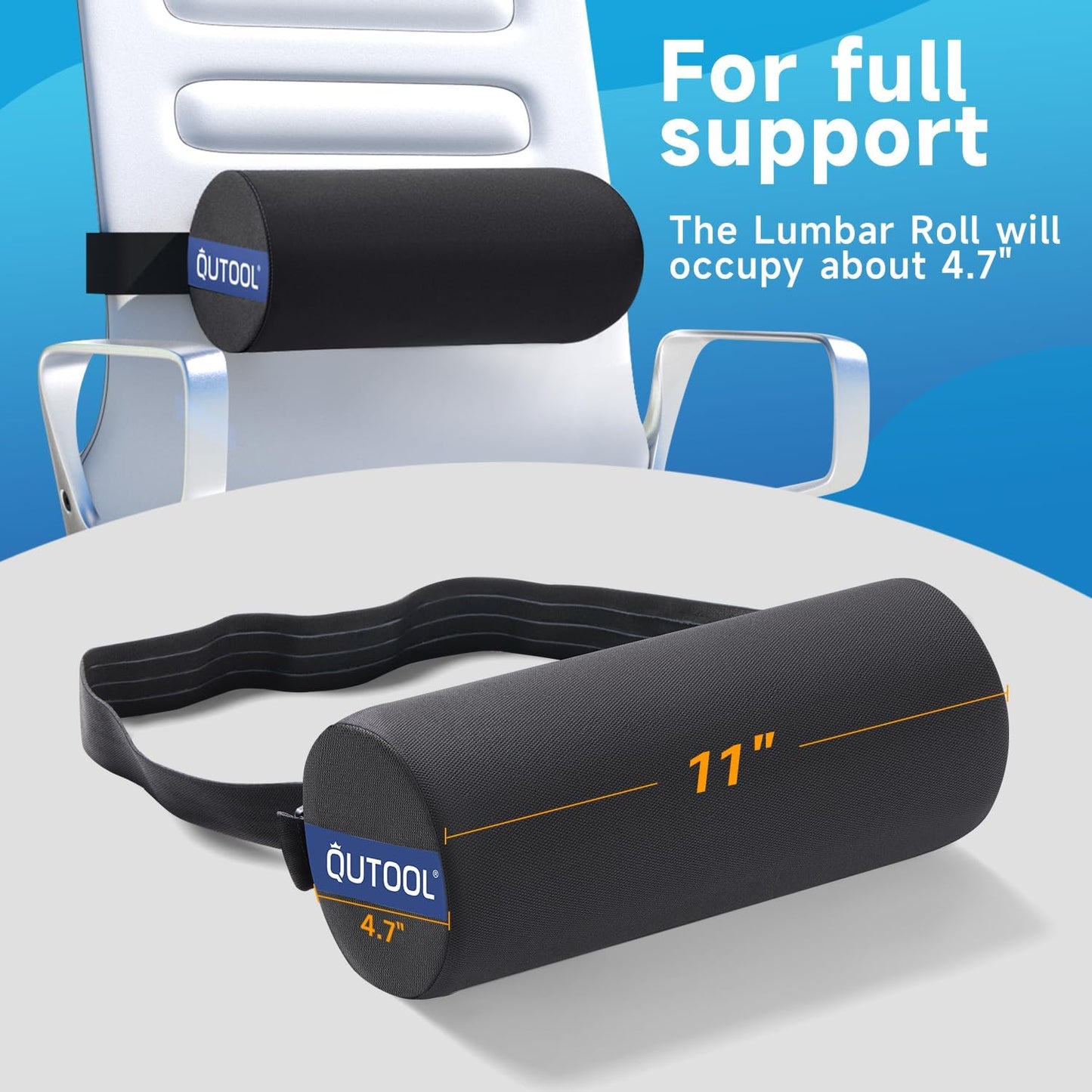 QUTOOL Lumbar Support Pillow for Office Chair – Lumbar Roll Cushion for Car Seat, Adjustable Strap, Soft Foam, Removable Washable Cover
