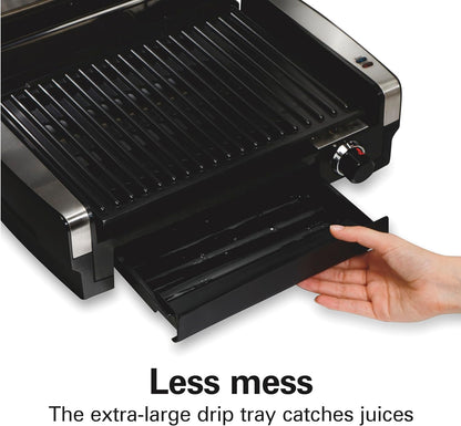 Hamilton Beach Electric Indoor Searing Grill Removable Easy-To-Clean Nonstick Plate, 6-Serving, Extra-Large Drip Tray, Stainless Steel (25360)