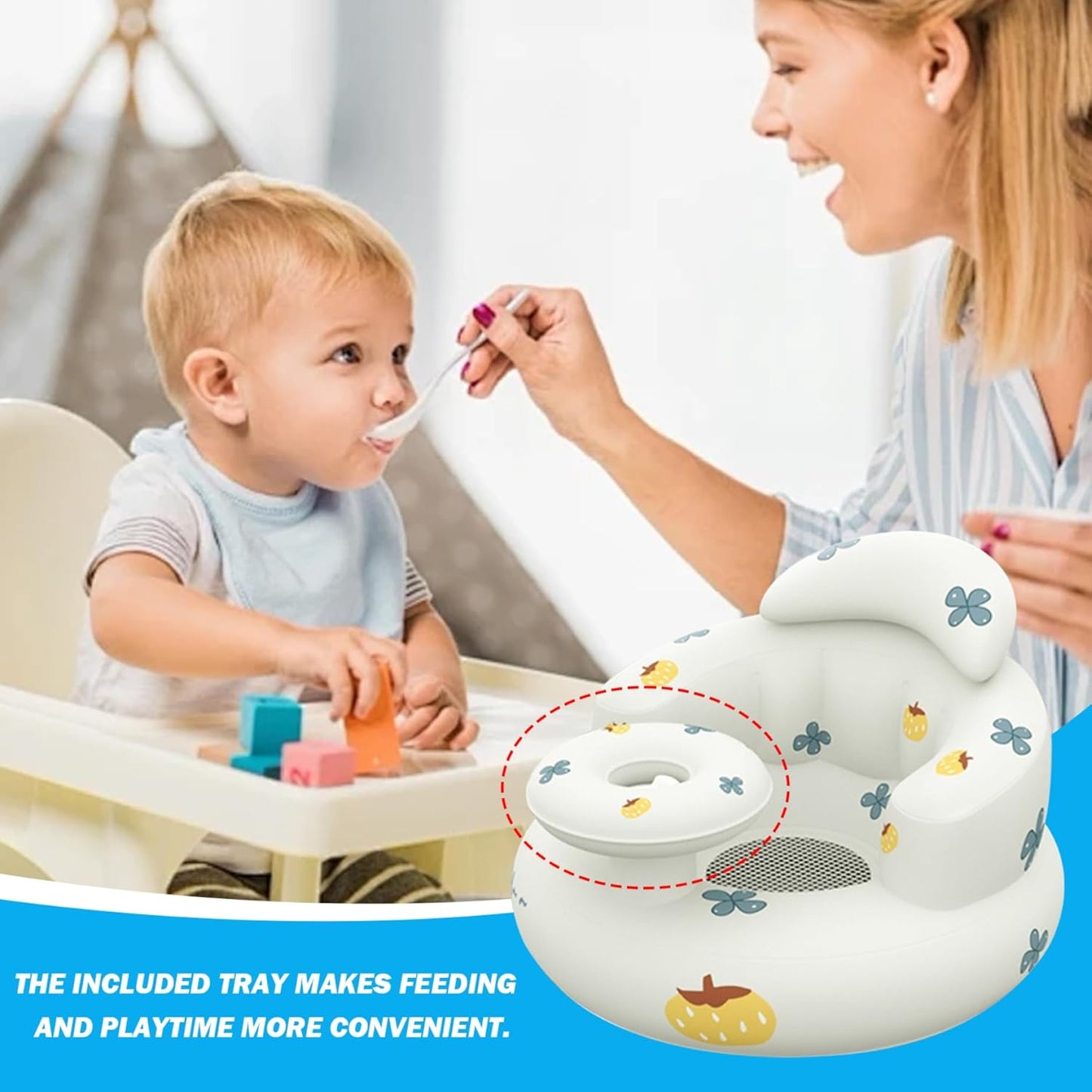 Inflatable Baby Seat for Baby 3-36 Months, Waterproof Inflatable Baby Chair with Tray, Blow up Baby Chair with Air Pumps, Baby Sitting Support for Sitting Up, Baby Shower