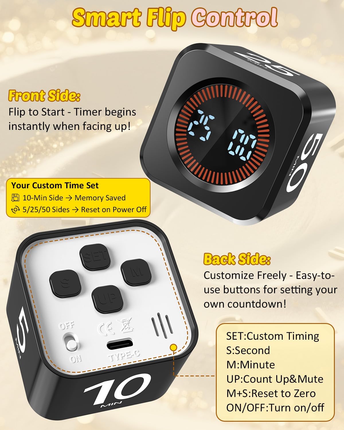 Digital Pomodoro Timer Cube 5/10/25/50min Preset, Silent & Sound Alarm | Visual Productivity Flip Timer for Kids Classroom Desk, Custom Countdown, Gravity Sensor, for ADHD Study Work Game Kitchen