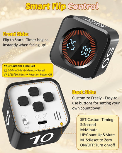 Digital Pomodoro Timer Cube 5/10/25/50min Preset, Silent & Sound Alarm | Visual Productivity Flip Timer for Kids Classroom Desk, Custom Countdown, Gravity Sensor, for ADHD Study Work Game Kitchen