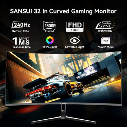 SANSUI 32 Inch Curved 240Hz Gaming Monitor with Speakers, High Refresh Rate FHD 1080P Gaming PC Monitor Curved 1500R, 1ms(MPRT), HDR, HDMI DP, Metal Stand, VESA Compatible (ES-G32C3F DP Cable Incl.)