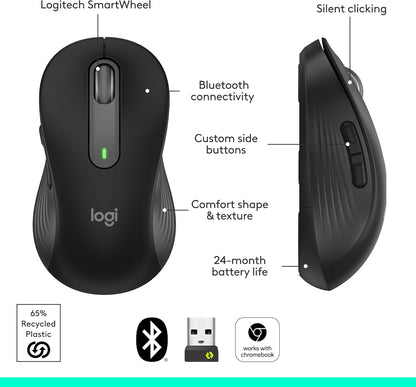 Logitech Signature M650 L Full Size Wireless Mouse - For Large Sized Hands, 2-Year Battery, Silent Clicks, Customizable Side Buttons, Bluetooth, for PC/Mac/Multi-Device/Chromebook - Black