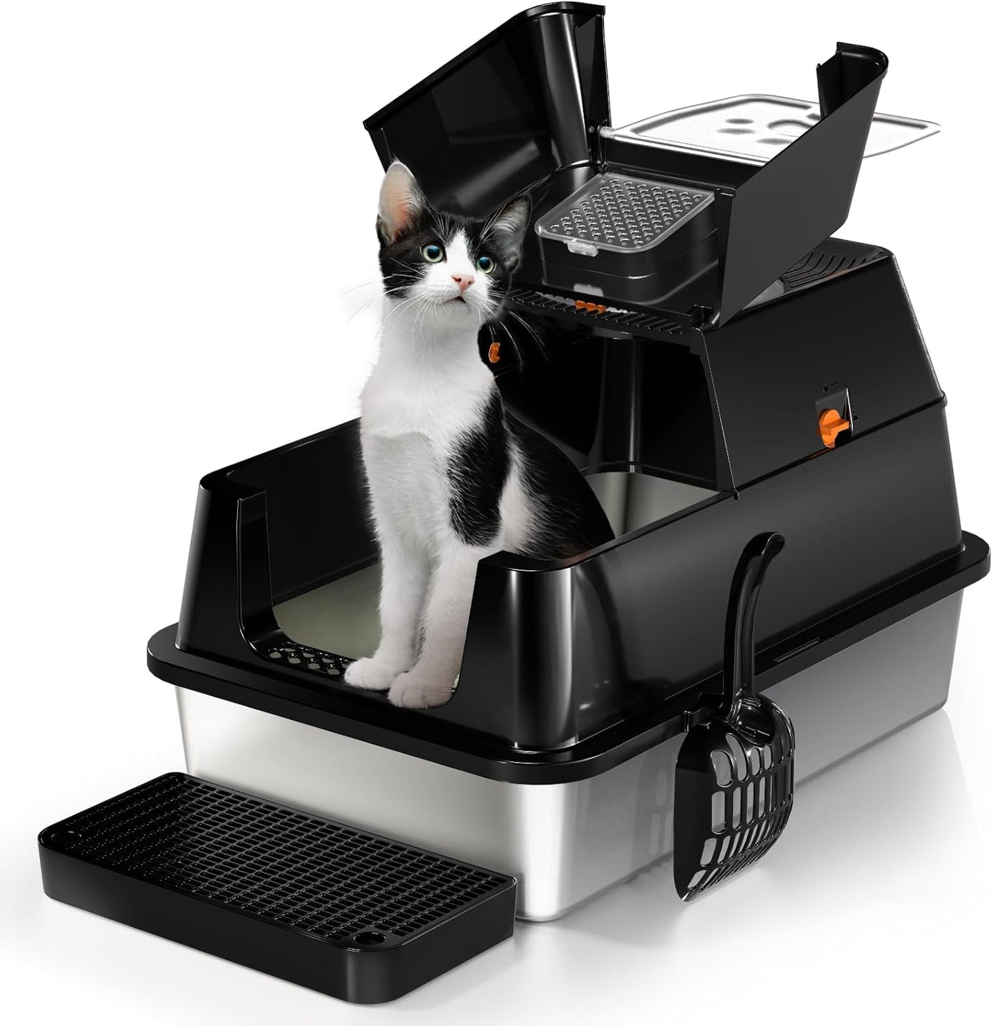 Eosarcu Stainless Steel Cat Litter Box with Lid, 180° Flip-Top XL Extra Large Enclosed Litter Box, Covered Metal High Sided Litter Pan with Steps & Scoop, Easy Cleaning, Odor Control,Non-Sticky-Black