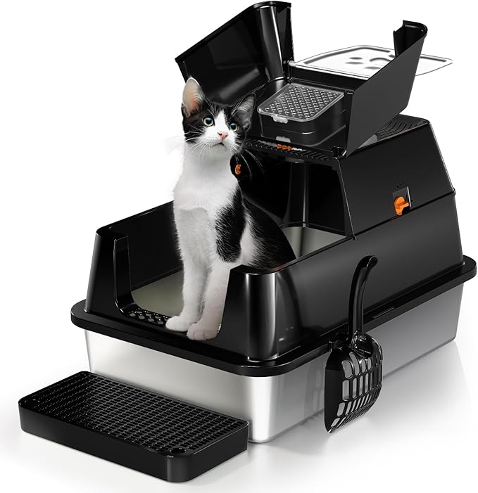 Eosarcu Stainless Steel Cat Litter Box with Lid, 180° Flip-Top XL Extra Large Enclosed Litter Box, Covered Metal High Sided Litter Pan with Steps & Scoop, Easy Cleaning, Odor Control,Non-Sticky-Black