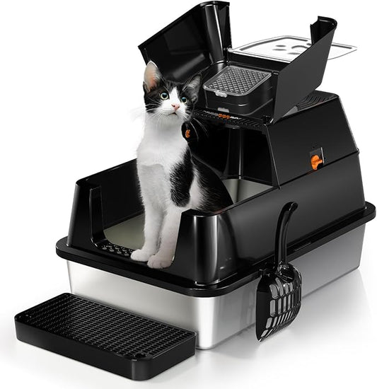 Eosarcu Stainless Steel Cat Litter Box with Lid, 180° Flip-Top XL Extra Large Enclosed Litter Box, Covered Metal High Sided Litter Pan with Steps & Scoop, Easy Cleaning, Odor Control,Non-Sticky-Black