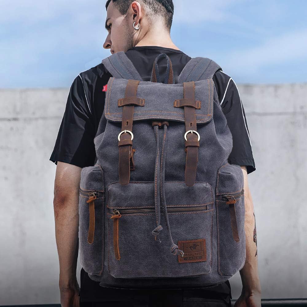 AUGUR Canvas Backpack,17 inch Laptop Backpack Vintage Canvas Leather Backpacks Casual School College Bag Pack Bookbag Hiking Travel Rucksack Daypack (L-Coffee)