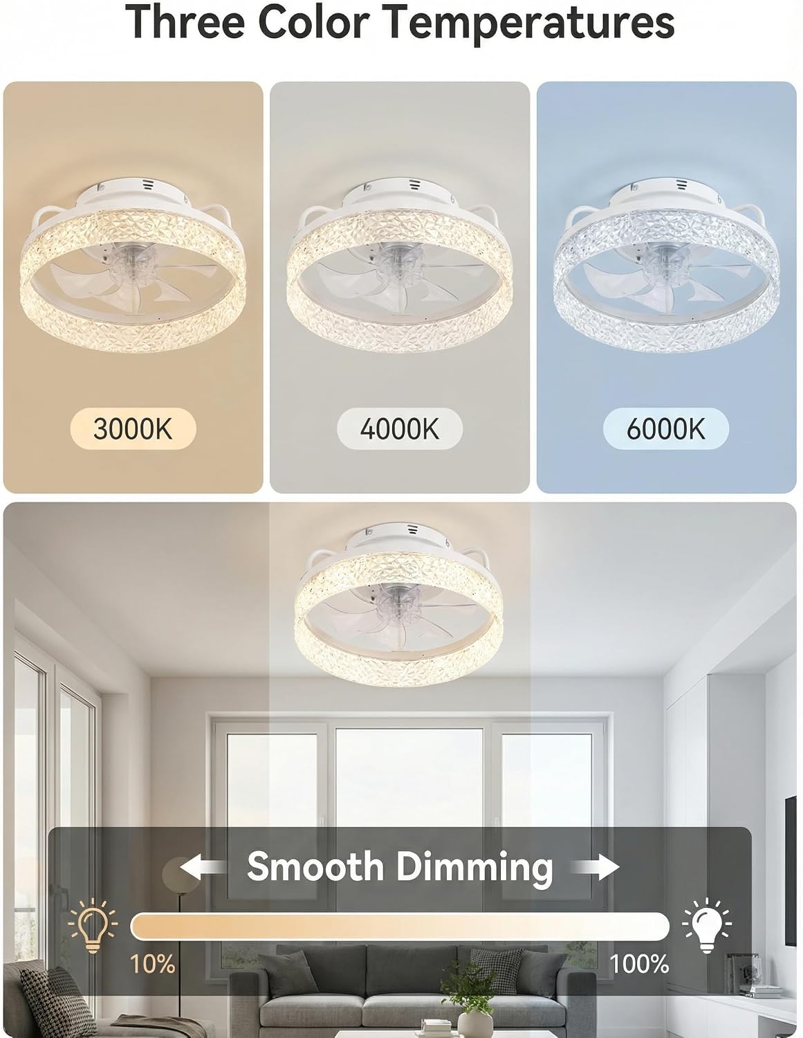 Ceiling Fan with Lights and Remote, 32cm Low Profile Ceiling Fans with Lights, Fandelier Ceiling Fan Light,DC Quiet Motor,3000K-6000K Dimmable,Modern Flush Mount Ceiling Fan for Modern Indoor Bedroom