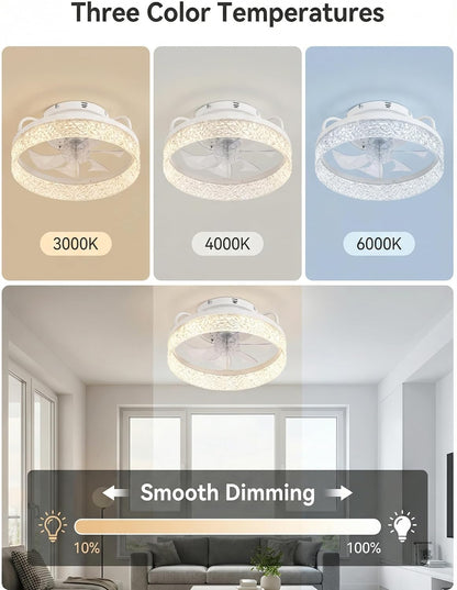 Ceiling Fan with Lights and Remote, 32cm Low Profile Ceiling Fans with Lights, Fandelier Ceiling Fan Light,DC Quiet Motor,3000K-6000K Dimmable,Modern Flush Mount Ceiling Fan for Modern Indoor Bedroom