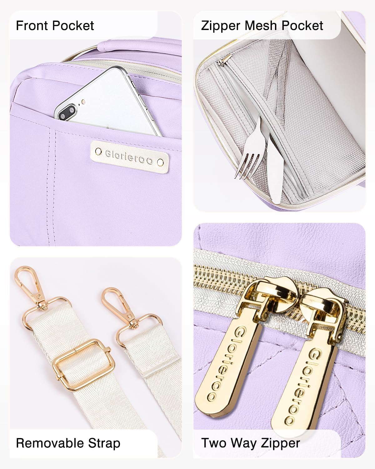 Lunch Box Bag Women Girls - Double Deck Vegan Leather Insulated Waterproof Leakproof Cooler for Work Travel Picnics - Back to School Teacher Mothers Day Christmas Birthday Gifts (Purple, Medium 10L)