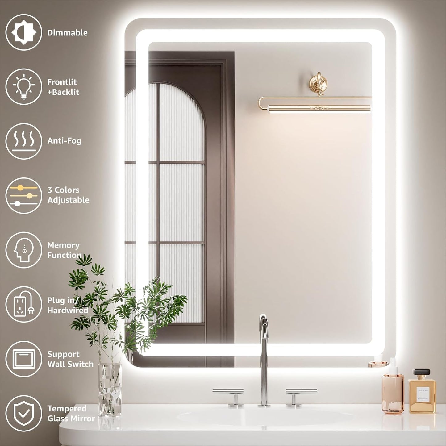 Lmsedf 24" x 32"Rectangle LED Bathroom Mirror with Lights, Backlit & Front Lighted, Wall-Mounted Vanity Mirror 3000K/4000K/6000K, Memory Functions, Anti-Fog, Dimmable Smart Mirror
