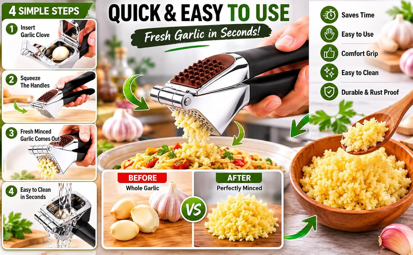 Garlic Press Set, Heavy Duty Zinc Alloy Garlic Crusher & Mincer – Ergonomic Non-Slip Handle, Easy Clean with Peeler & Brush, Professional Kitchen Tool for Garlic, Ginger & Herbs