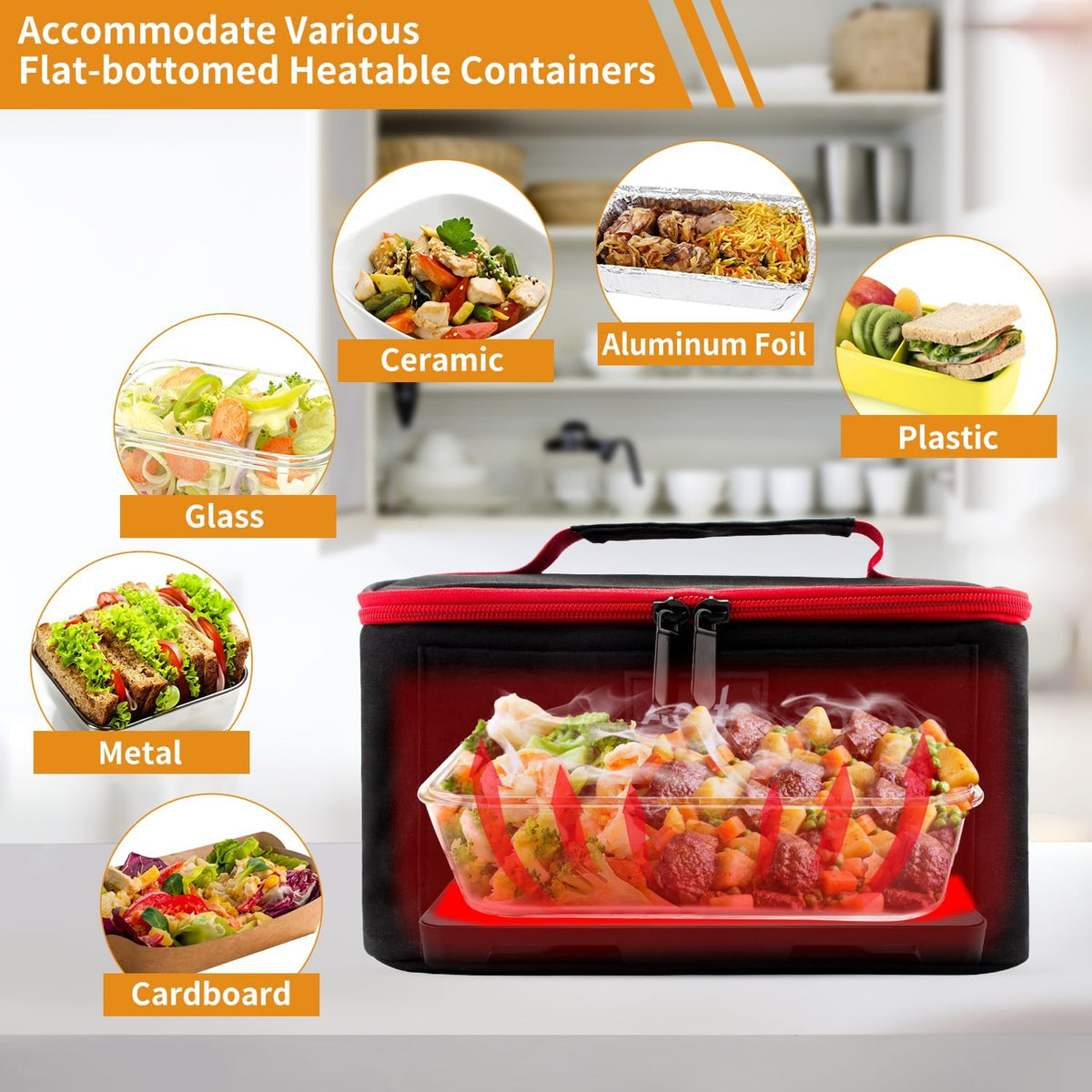 Aotto Portable Oven, Electric Lunch Box Food Heater - 12V/24V/110V 3-in-1 Car Food Warmer - Heated Lunch Box for Adults - Cook, Reheat & Keep Meals Warm for Car, Truck, Travel, Work, Home - Black Red