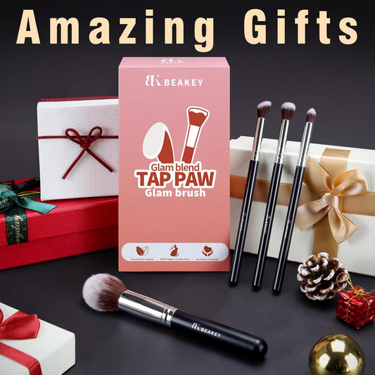 BEAKEY Makeup Brush Set Professional for Eye and Face, Foundation Blending, Eyeshadow, Concealer, Eye Shadow with 2 Blender Sponge, Paper Case, Gifts for Women - PuriLite