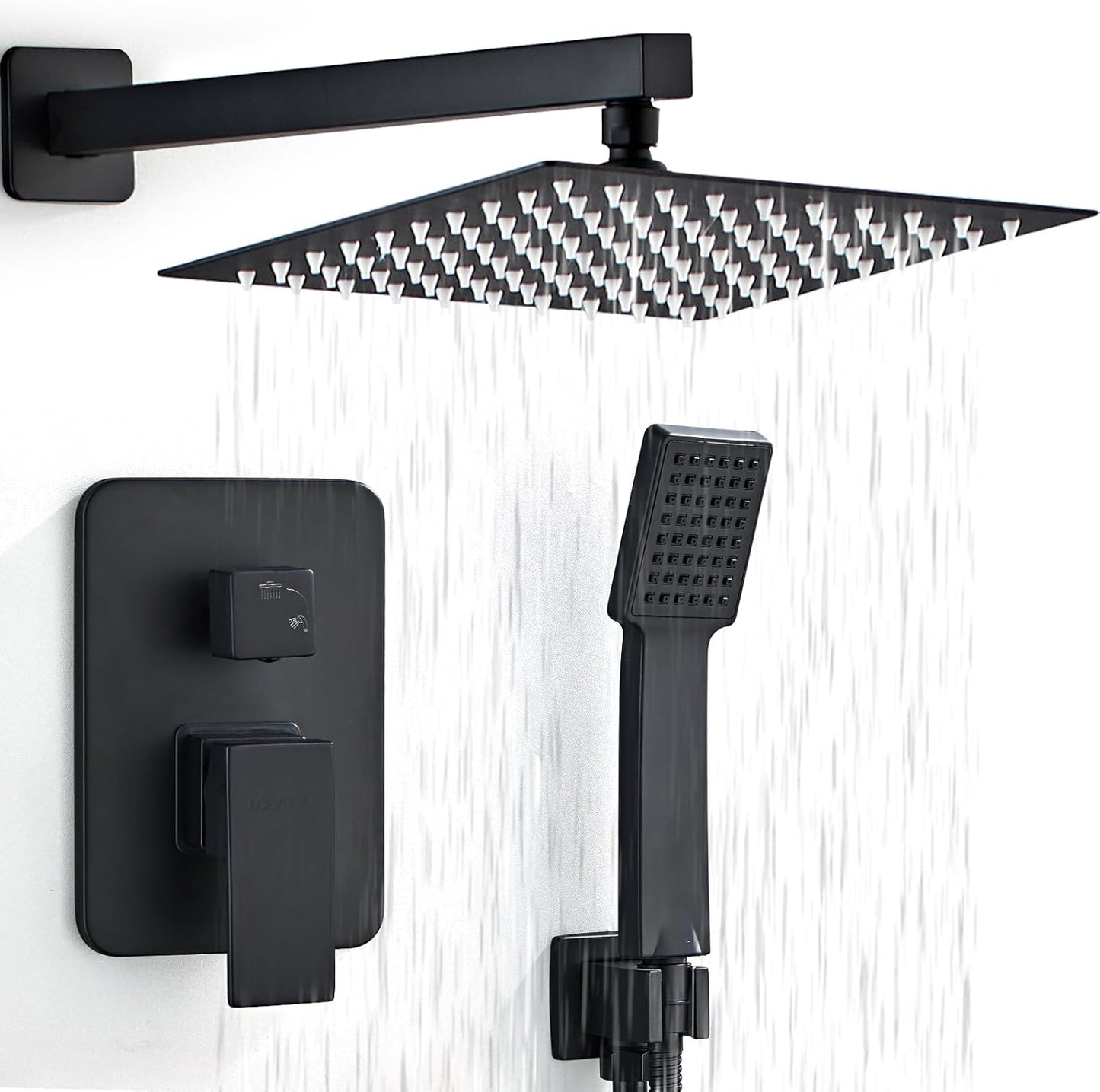 LCEVCGK Shower Faucet Set Complete Matte Black Shower System with 8 inch Square Rainfall Shower Head 3-Function Handheld Shower Waterfall Bathtub Spout Rain Shower Combo Set Bathroom Wall Mounted