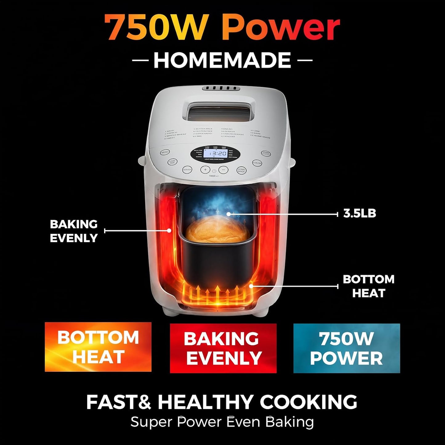 Davivy Bread Machine 3.5LB Large Capacity, 850W Automatic Bread Maker with 15 Programs (Gluten Free, Homemade Memory, Dough Shortcut), 15H Delay Timer, 1H Keep Warm, Nonstick Pan