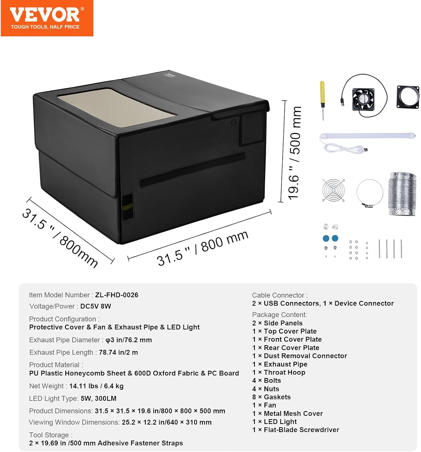 VEVOR Laser Engraver Enclosure, 31.5 x 31.5 x 19.6", Dual-Direction Viewing, Flame Retardant and Fireproof Protective Cover, with Exhaust Fan and Pipe, Insulates Smoke, Noise and Eye Protection