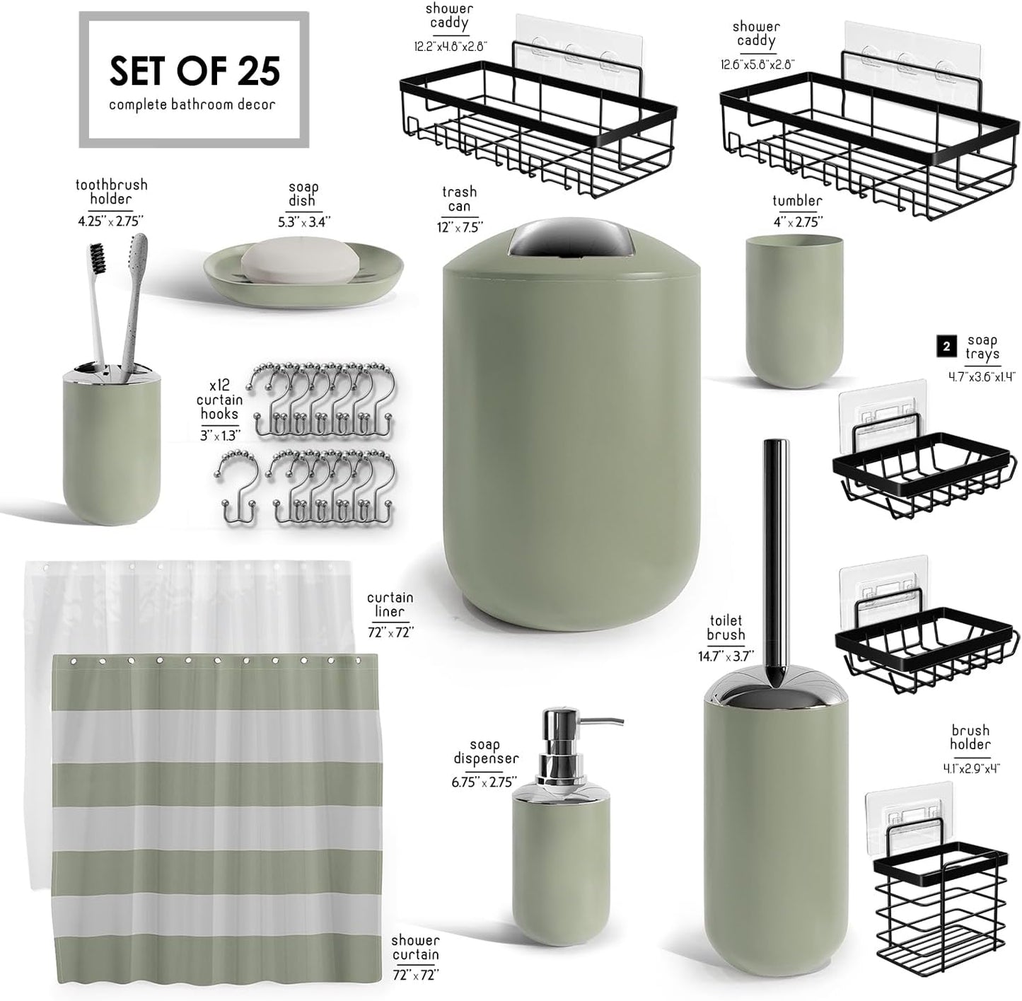Clara Clark Bathroom Set - Gray Bathroom Accessories Set, Bathroom Sets with Shower Curtain and Rugs, 23PC Shower Curtain Set with Liner, Soap Dispenser, Soap Dish, Toilet Brush Holder, and Trash Can