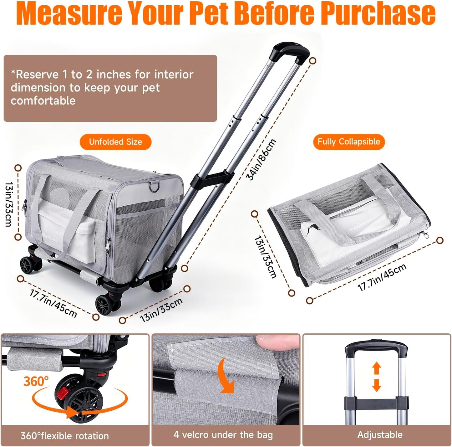 Pet Carrier Bag with Detachable Wheels for Cat or Small Dog, Grey | Travel Hand Portable Bag, Large, with Handle, Breathable Mesh, Ventilated, Airline approved, Collapsible, Locking Zipper