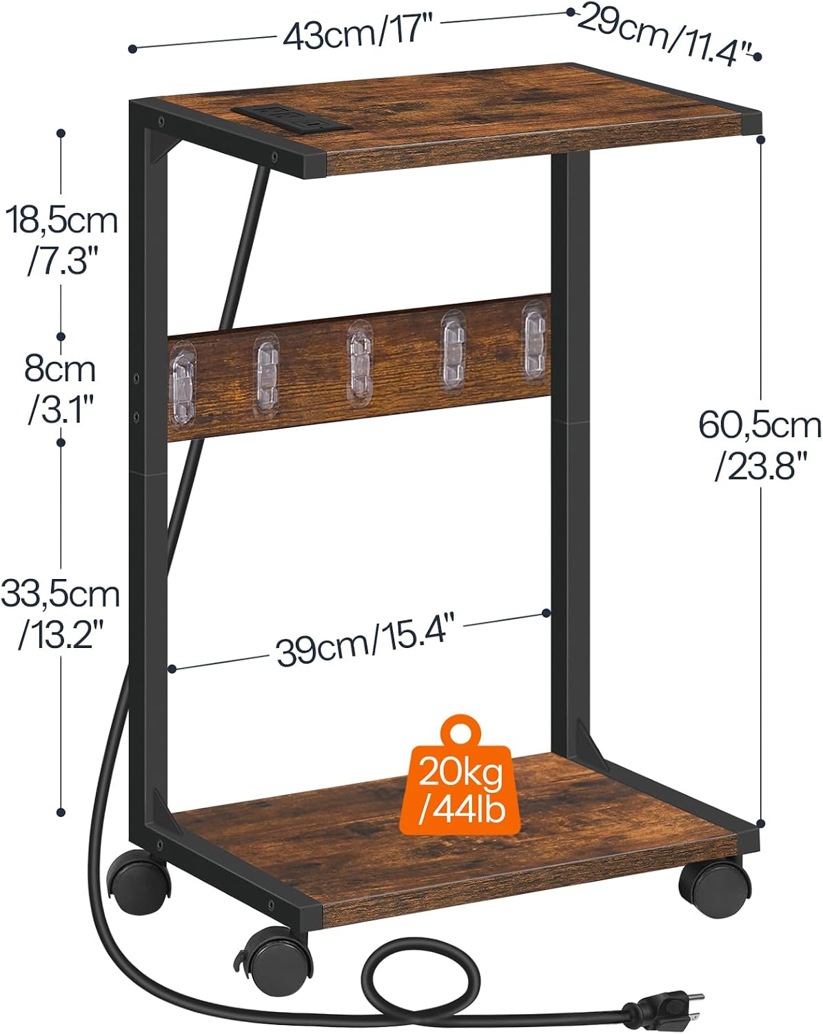 HOOBRO Computer Tower Stand, PC Stand with Charging Station, 2-Tier PC Tower Stand with Locking Caster Wheels, CPU Stand Fits Most PCs, for Floor, for Home Office Rustic Brown BF01UCJ01G1