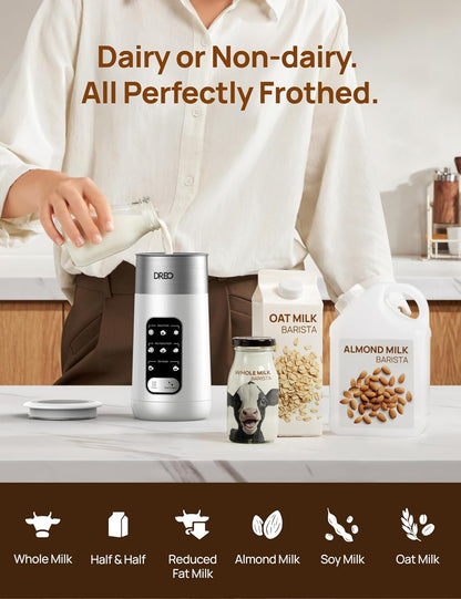 Dreo Milk Frother, 8-in-1 Electric Frother for Latte Art Coffee, 9oz/270ml Warm and Cold Foam Automatic Frothers for Dairy and Non-Dairy Milk, LED, Easy to Clean, BaristaMaker Air
