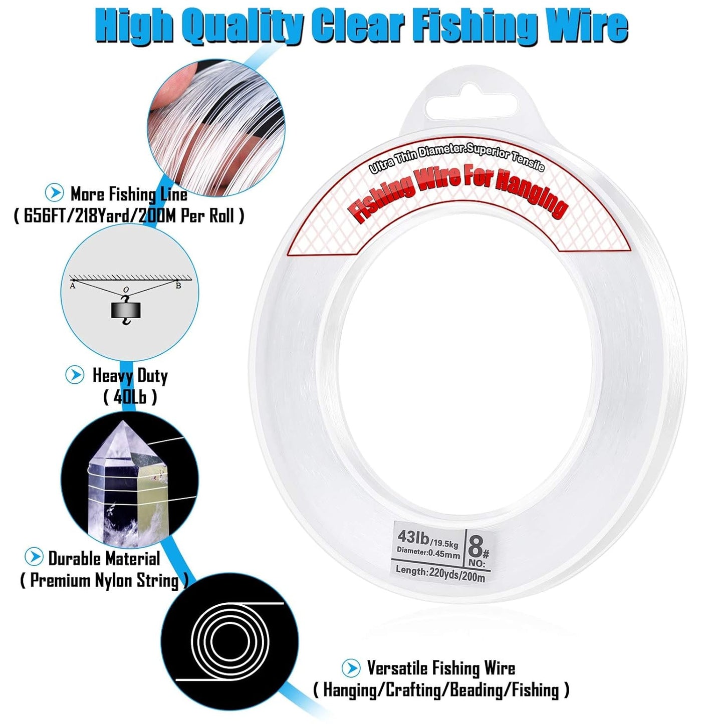 Clear Fishing Wire, Acejoz 656FT Fishing Line Clear Invisible Hanging Wire Strong Nylon String Supports 40 Pounds for Balloon Garland Hanging Decorations