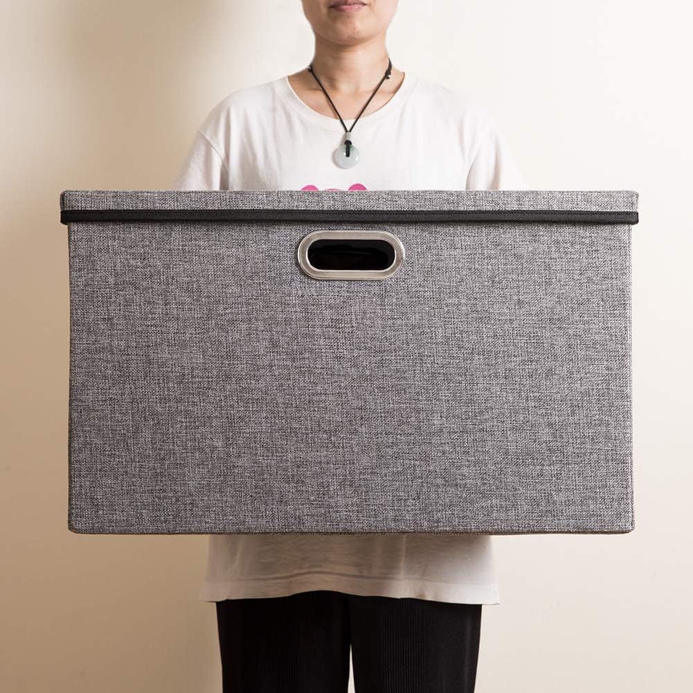 PRANDOM Large Foldable Storage Bin with Lid [1-Pack] Linen Fabric Decorative Storage Box Organizer Containers Basket Cube with Handles Divider for Bedroom Closet Office Living Room (17.7x11.8x11.8")