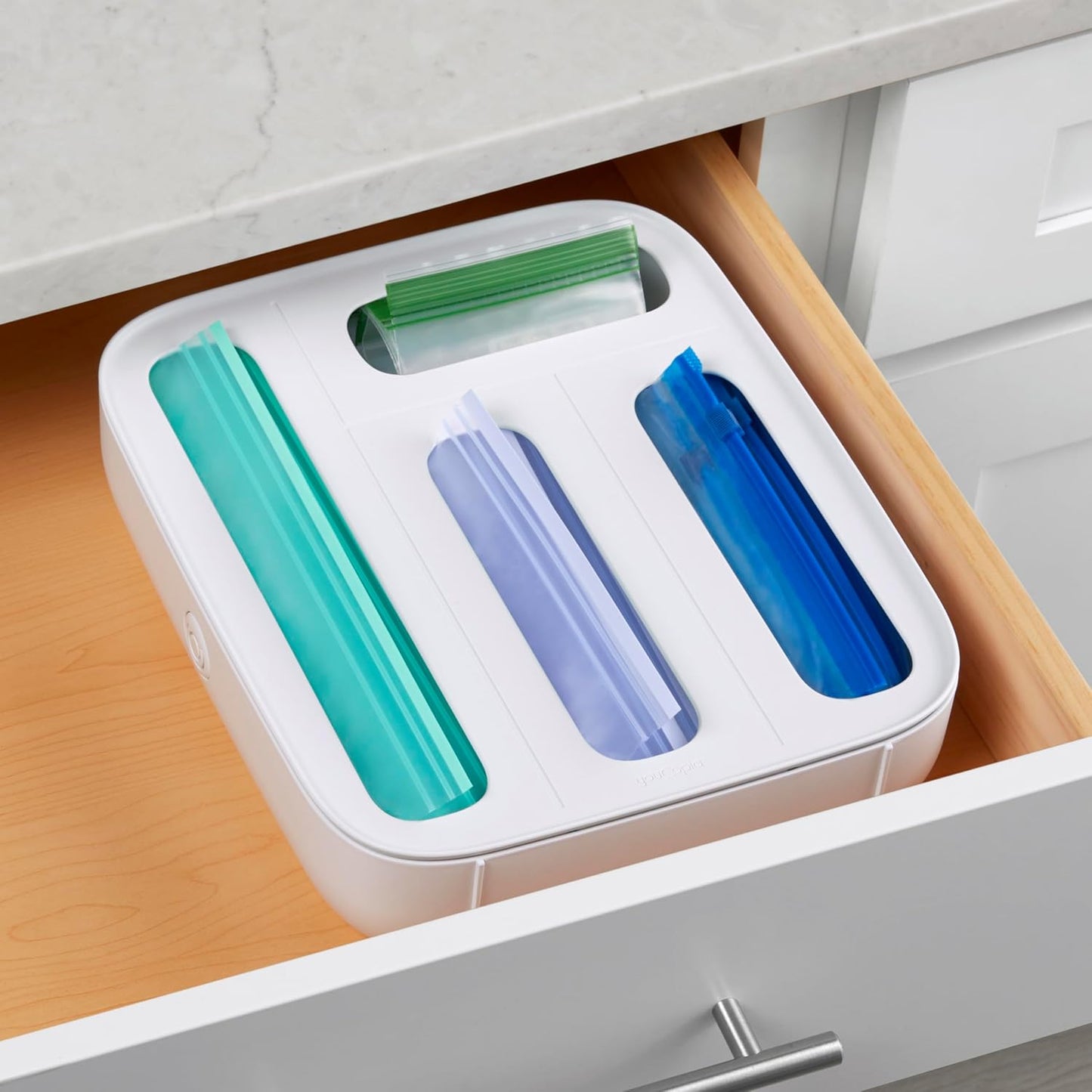 YouCopia StoraBag Drawer Food Bags Dispenser, 3-Slot, Plastic Sandwich Bag Organizer for Kitchen Storage